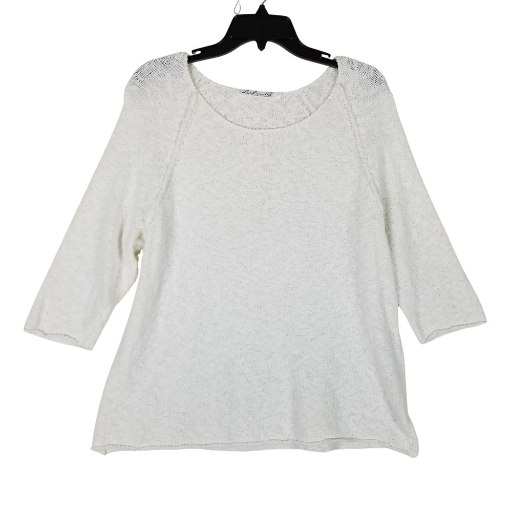 Lulu-B Knit Top Women XL White Cotton 3/4 Sleeve Raglan Textured Sweater